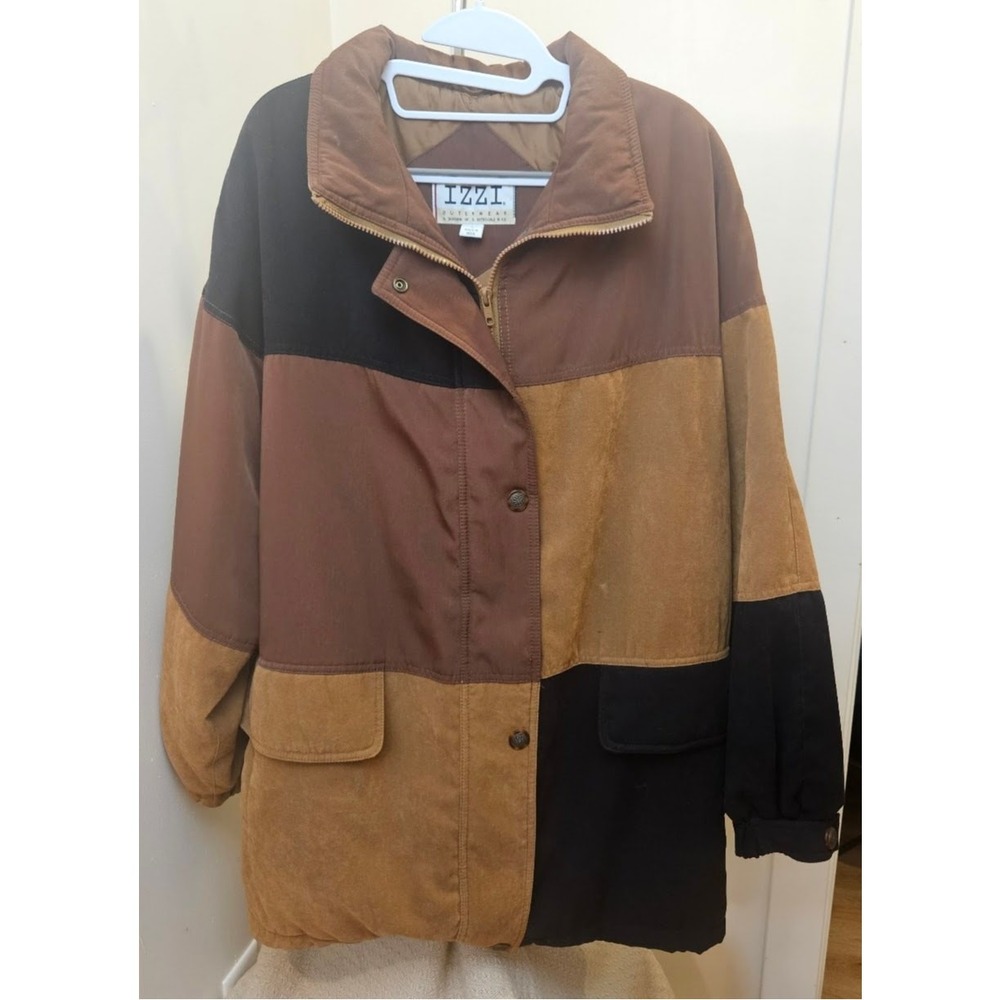 Izzi Outerwear Tans/Black Color block Patchwork Coat Size L Vintage 90s Y2K